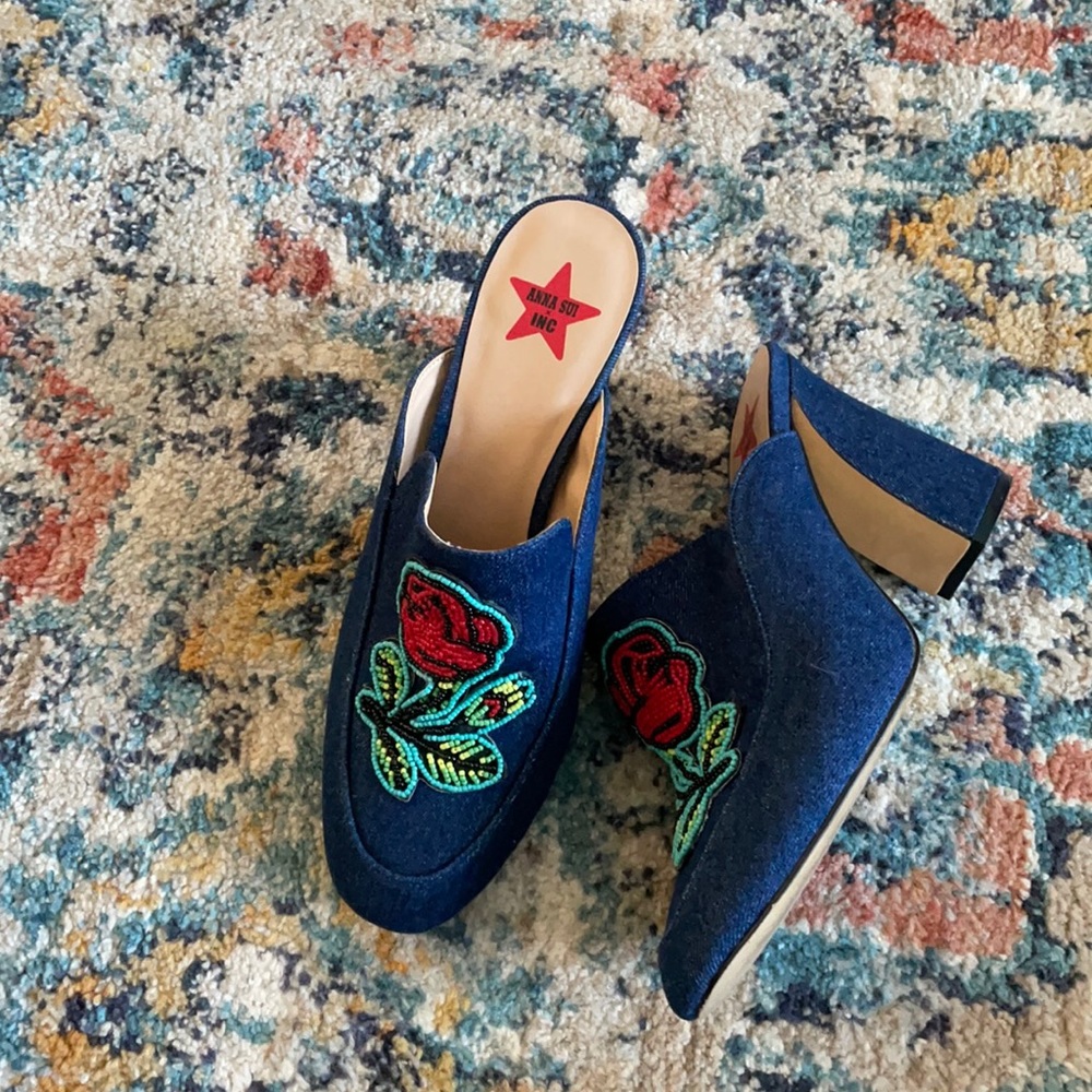 Anna Sui x INC International Concepts Floral Beaded Denim Jean Maddiee Mule Heel
